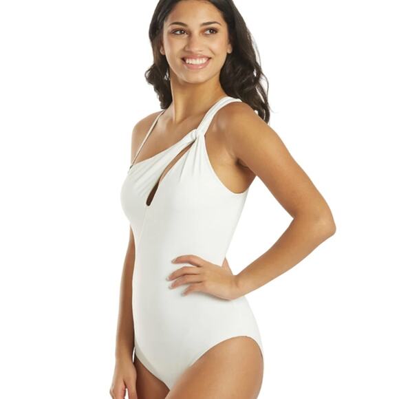 Carmen Marc Valvo Twisted White One Shoulder Cut Out One Piece Swimsuit 6 NWT - Picture 4 of 4